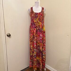 Lotus Traders Rainbow Watercolor Pink Floral Batik Smocked Rayon Maxi Dress
